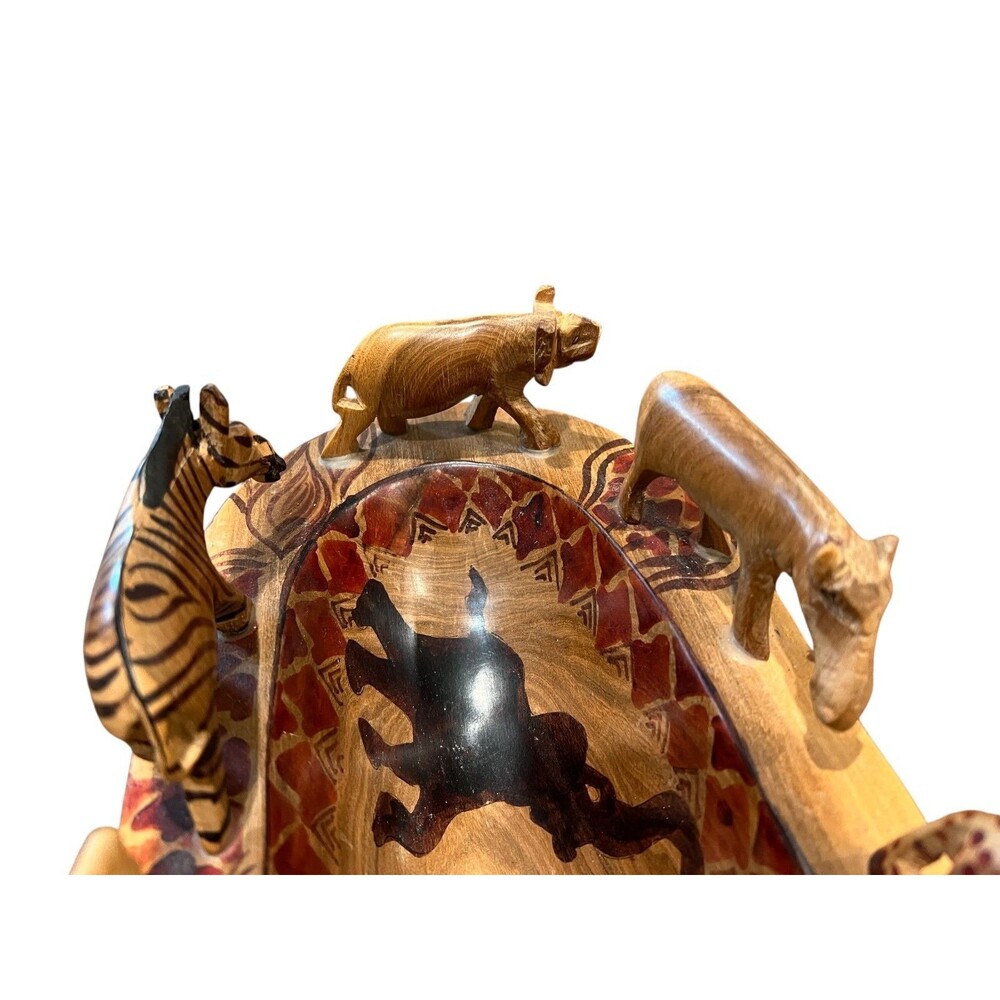 African Safari Animal Hand Carved Wood Bowl 12"w x 5 7/8"d x 4"h - Picture 15 of 16